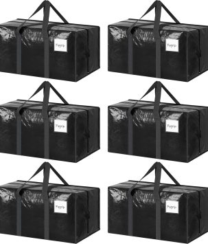 6 Pack Extra Heavy Duty Large Moving Bags with Strong Zipper & Comfortable Handles, Sturdy & Durable Clothes Storage Bags Totes Bins, Packing Moving Boxes for College Supplies, Black